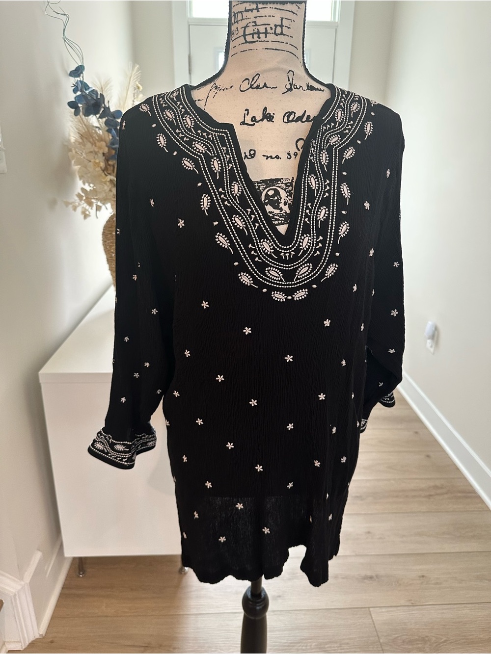 Black Embroidered V-Neck Women's Tunic Top